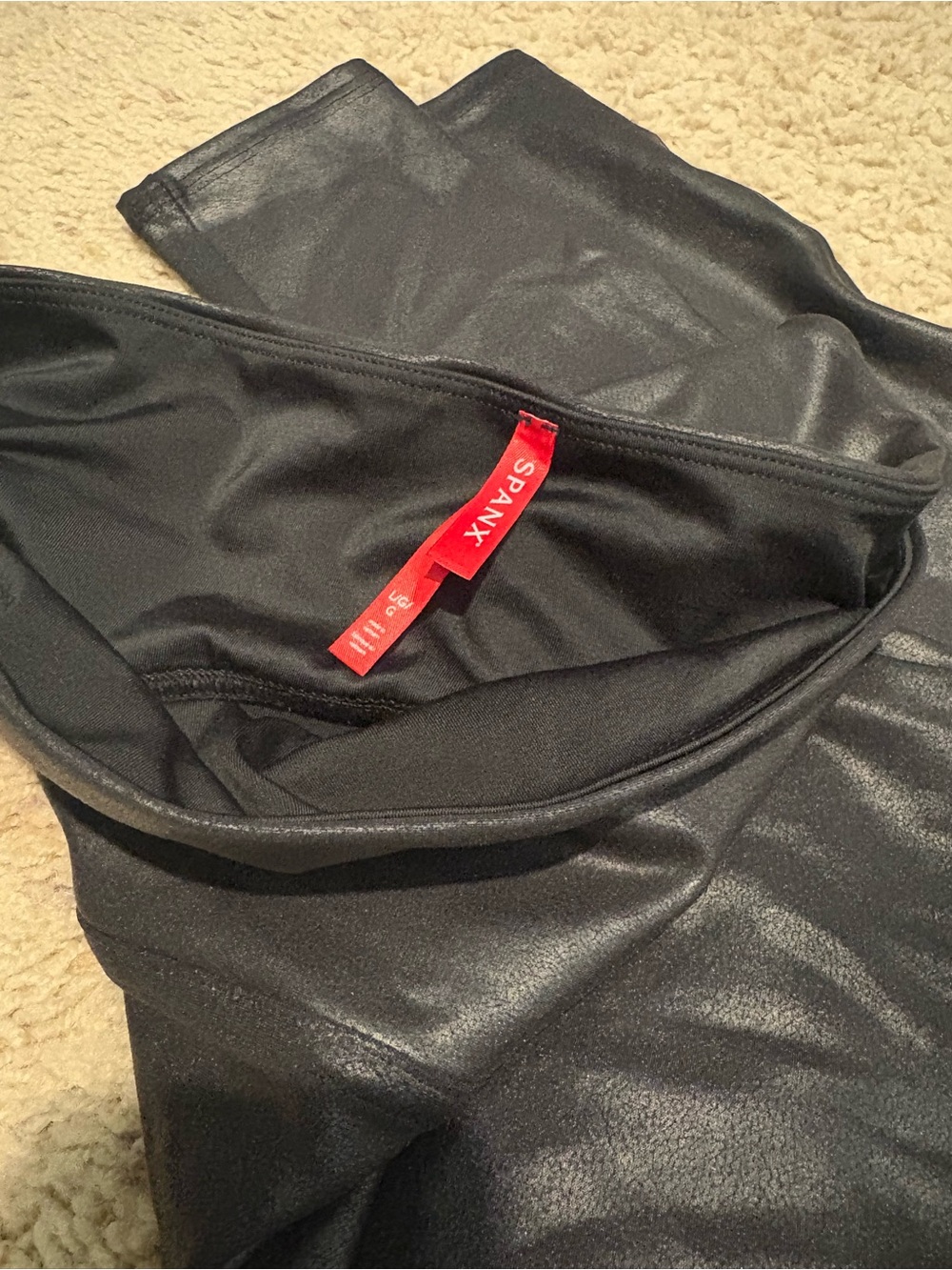 SPANX Black Shimmer Faux-Leather Leggings with Red Tag
